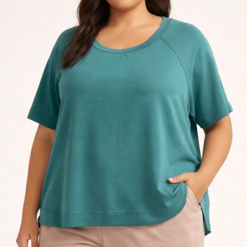 ATHLETA Teal Short Sleeve Sweatshirt XL Relaxed Fit Soft Knit Athleisure NEW